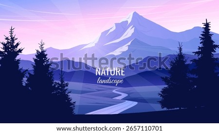 Mountain landscape. Bright sunset in the mountains. Path running through the valley. Evening twilight. Travel, tourism concept. Vector illustration.