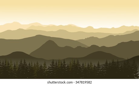 Mountain landscape in brown colors at the morning. Vector illustration.