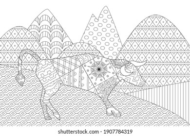 Mountain landscape with bull for your coloring book