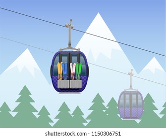 Mountain Landscape With Cabin Ski Cableway Vector Illustration Isolated On White Background