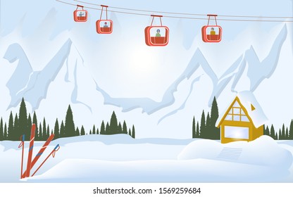 Mountain landscape, cable car with tourists in the cabin, country house, forest - vector. Christmas. New Year. Rest at nature. Winter tourism