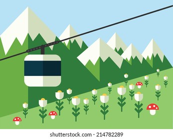 Mountain landscape with cableway, vector illustration