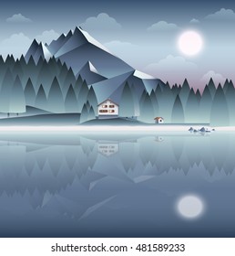 Mountain landscape at calm full moon night with house on the side of the like