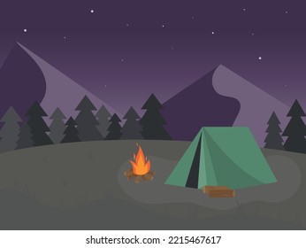 mountain landscape of the camp at night. Tent in the forest near the campfire.starry sky in the background.vector illustration.