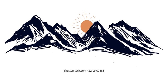 Mountain landscape, Camping in nature, sketch style, vector illustrations.	