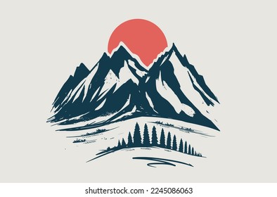 Mountain landscape, Camping in nature, sketch style, vector illustrations.