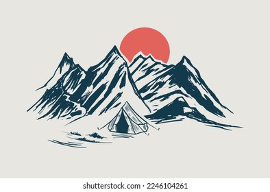 Mountain landscape, camping, sketch style, vector illustrations.