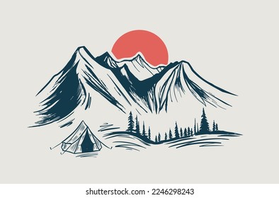 Mountain landscape, camping, sketch style, vector illustrations.