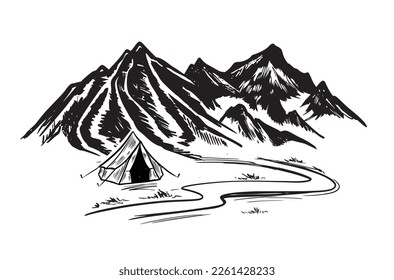 Mountain landscape, Camping, sketch style, vector illustrations.	