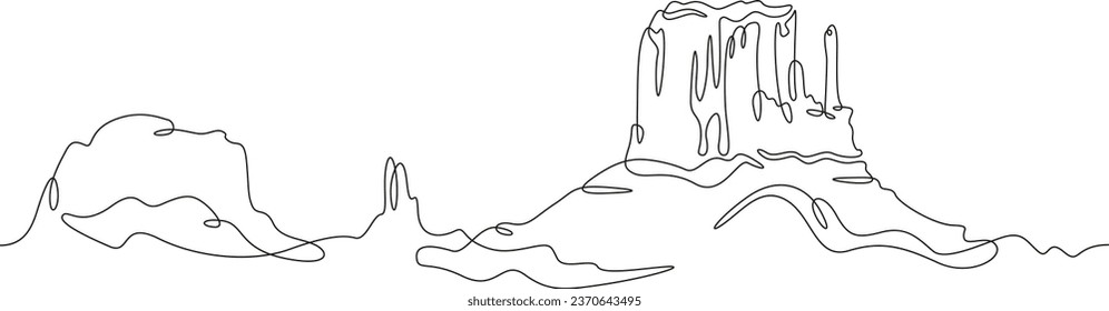 Mountain landscape. Canyon. Desert in the south. Rocky Mountains. Wild nature. Monument Valley.One continuous line. Linear. Hand drawn, white background.