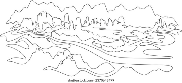 Mountain landscape. Canyon. Desert in the south. Rocky Mountains. Wild nature. Monument Valley.One continuous line. Linear. Hand drawn, white background.