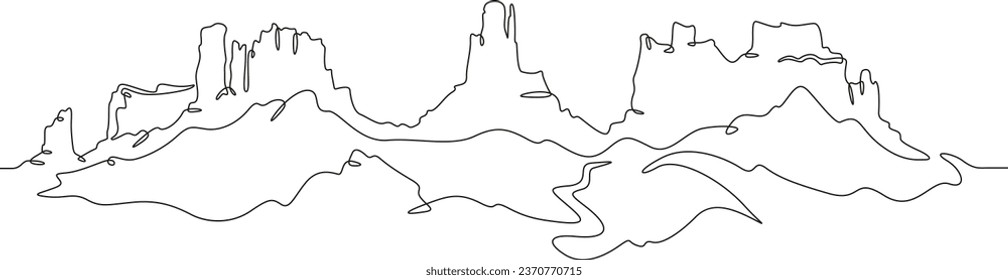 Mountain landscape. Canyon. Desert in the south. Rocky Mountains. Wild nature. Monument Valley.One continuous line. Linear. Hand drawn, white background.