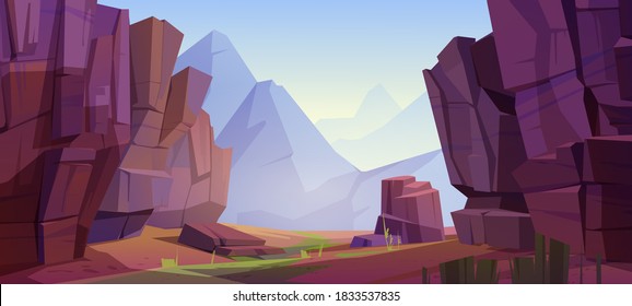 Mountain landscape with canyon, red dry ground and green grass on old riverbed. Vector cartoon illustration of nature park with gorge, stone cliffs and rocks. Grand canyon national park