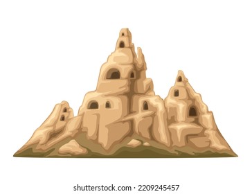 Mountain landscape in Cappadocia, Turkey tuff vector illustration. Cartoon isolated Turkish rocky canyon with chimneys of cliffs and silhouettes of entrance holes, caves in rocks and stone houses