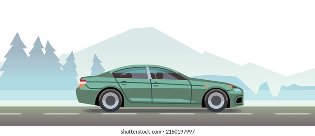 Mountain landscape with car riding. Fast travel concept