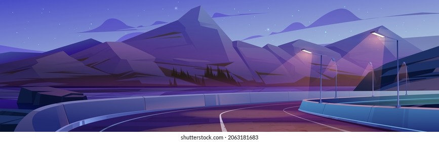 Mountain landscape with car road, lake and trees on coast at night. Vector cartoon illustration of highway with lanterns and concrete fencing, high rocks and river