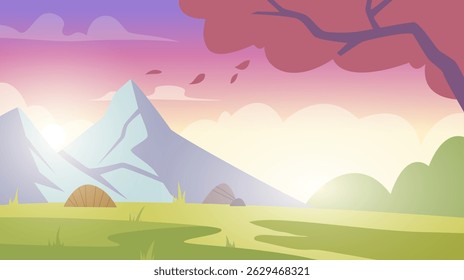 Mountain landscape. cartoon background with mountain and trees