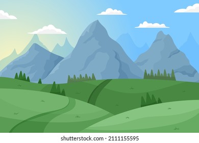 Mountain landscape. Cartoon green hills, rocks and snowy peaks on horizon. Vector illustration