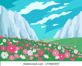 Mountain landscape. Cartoon panorama of beautiful nature with flowers and mountains. Vector illustration.