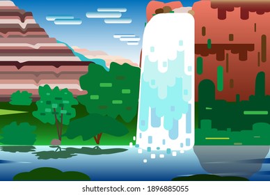 Mountain Landscape With A Cartoon-style Waterfall. Vector Illustration