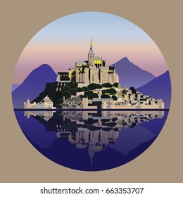 Mountain landscape with castle and lake . Vector illustration EPS10
