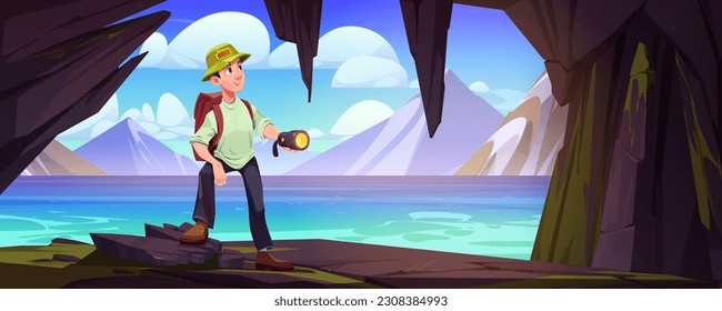 Mountain landscape from cave view with man inside vector background. Explorer character with backpack in grotto adventure near lake water. Male researcher looking for fantasy secret place illustration