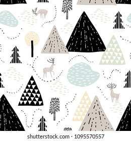 Mountain landscape. Childish seamless pattern with mountain, deer and trees. Vector texture in childish style great for fabric and textile, wallpapers, backgrounds.