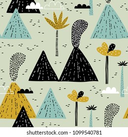 Mountain landscape. Childish seamless pattern with mountain, volcano and tropical plants. Vector texture in baby style great for fabric and textile, wallpapers, backgrounds. Scandinavian style.