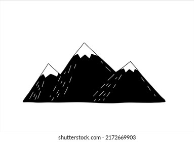 Mountain landscape in children doodle style. Rock ridge. Black and white illustration