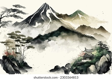 Berglandschaft, chinesischer Hintergrund. im traditionellen orientalischen und japanischen Stil. Vektorgrafik