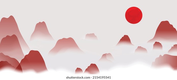 Paisaje montañoso con un fondo de estilo chino. Pintura japonesa con colinas rojas, paromana vista de la puesta de sol y montaña en textura acuarela. Diseño de tapicería oriental para el arte de la pared, impresión, decoración.