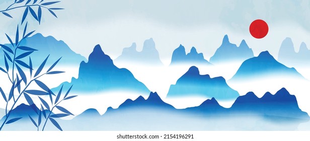 Mountain landscape in chinese style background. Japanese painting with hills, circle sun, bamboo leaf in watercolor texture. Oriental wallpaper in blue color. design for wall art, prints, decoration.