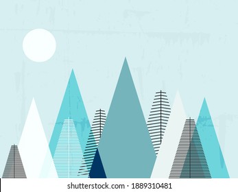 Paisaje montañoso. Tarjeta de Navidad, decoración de habitación para niños, tapices escandinavos. Ilustración del vector