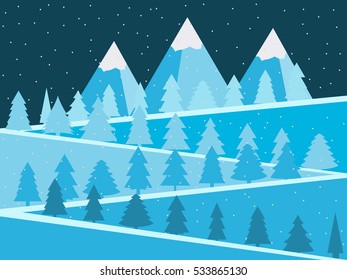 Mountain landscape with Christmas trees. Snowy peaks flat design. Vector illustration