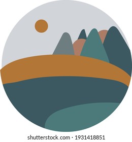 Mountain landscape circle emblem. Fir forest, trees and sun. Outdoor activity travel, tourism. Сard design. Vector concept isolated on white background. Vector icon