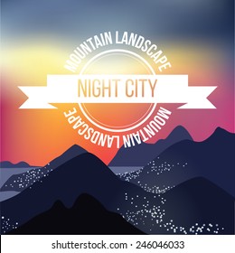 Mountain landscape. City light on the beach of the sea. White flat logotype stamp in front