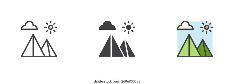 Mountain landscape with a cloud and a sun different style icon set. Line, glyph and filled outline colorful version, outline and filled vector sign. Symbol, logo illustration. Vector graphics