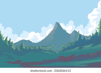 Mountain landscape with clouds. Background image of mountains, rich environment. Vector illustrations, backgrounds, posters and book covers.