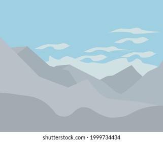 Mountain landscape. Clouds over the mountains. Gray mountains with blue sky with clouds. Vector illustration.