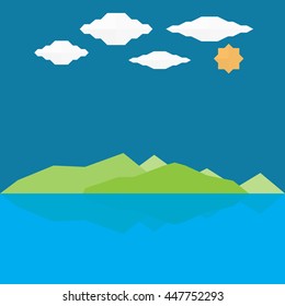 mountain landscape with clouds sun lake on blue sky background, vector illustration
