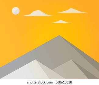 Mountain landscape with clouds and sun on orange background, vector illustration