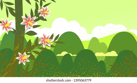 Mountain landscape. Clouds at the top of the mountain. Rocky terrain. Blooming tree on the tops of highlands