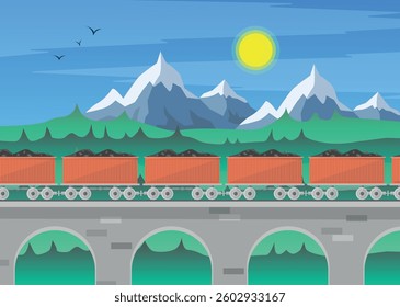 Mountain landscape with coal transported in wagons by rail. Coal transportation. Coal industry.
