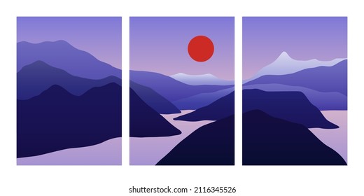Mountain landscape collage. Abstract nature posters, hills, lake sea moon sun, contemporary vector wall art for print