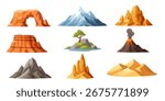 Mountain landscape collection set. Desert arches, snowy peaks, volcanic formations and tropical islands. Natural geological features in various colors. Vector illustration isolated on white.