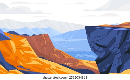 Mountain landscape colorful cliffs and sky. Abstract geometric shapes vibrant colors scenic view. Blue orange and brown hues with layered mountains in the background. Website banner design