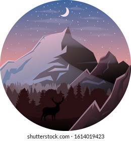 Mountain landscape. Colorful premium vector. Silhouette of a deer. Forest. Moon.