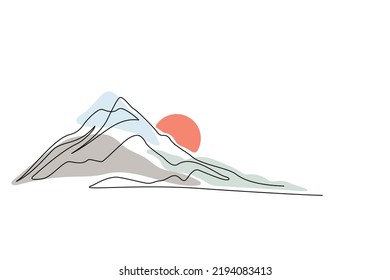 Mountain landscape concept. Line art drawing of mountains, style of one continuous line and colored spots. Illustration of nature, travel, recreation. Icon for logo design, tourism advertising poster