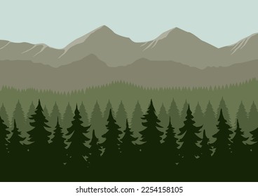 Mountain landscape with coniferous forest in flat style. Vector illustration.