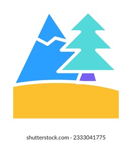 Mountain landscape with coniferous forest at foot of mountain peaks. Landmark of direction of movement of tourist on route. Simple colored flat vector icon isolated on white background